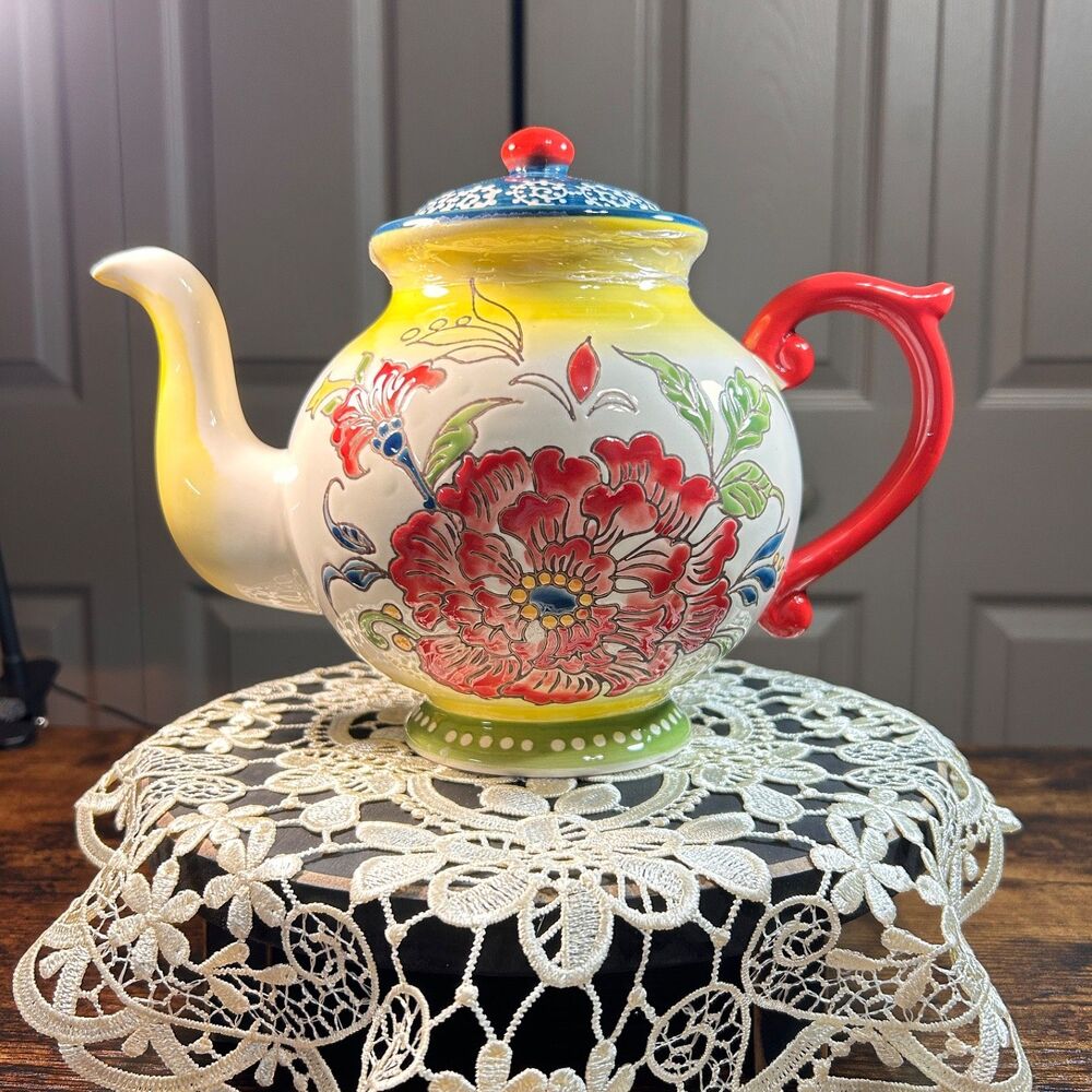 Dutch Wax Teapot by Coastline Imports Handpainted Ceramic Multicolor Floral NEW!